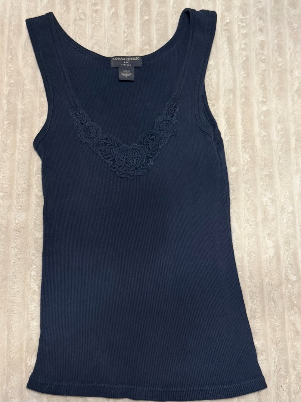 Banana Republic Navy Ribbed stretch Tank with Floral Crochet Detail